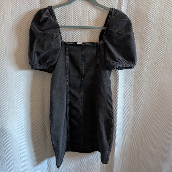 H&M Grey Puff Sleeve Denim Mini Dress Small Bodycon Streetwear - Picture 3 of 11